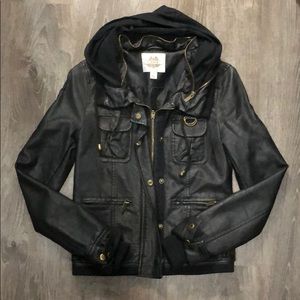 Black Faux Leather Jacket W/ Sweatshirt Hood
